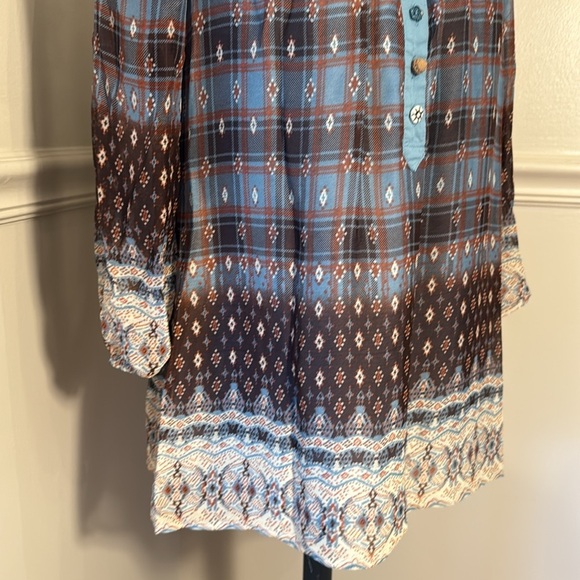 DejaVu Boho Plaid Embroidered Tunic Top Blue Brown western Peasant Large - Picture 5 of 13